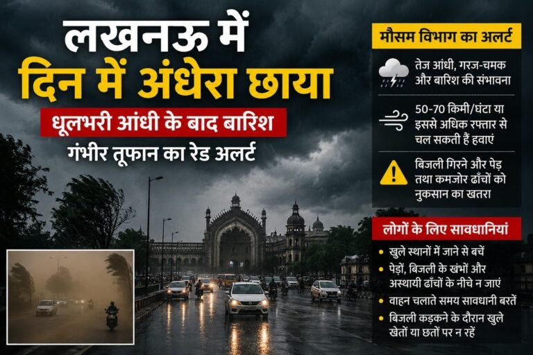 लखनऊ में दिन में छाया अंधेरा, धूलभरी आंधी के बाद झमाझम बारिश, गंभीर तूफान का रेड अलर्ट, लोगों से सतर्क रहने की अपील